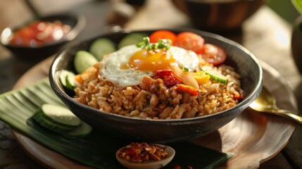 Delicious Nasi Goreng with Fried Egg and Fresh Vegetables