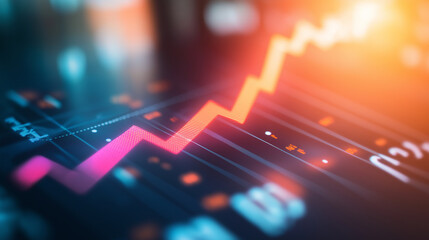 Close-up of downward-trending line graph on digital screen, symbolizing drop in earnings, financial decline visualized with charts and numbers.	