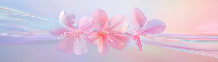 Fototapeta premium A close up of three pink flowers with a blue background