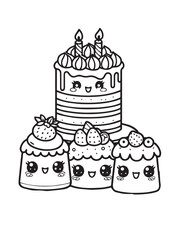 Illustration Coloring draw kawai food sweety birthday cake black and white version good for kids