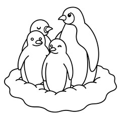 
Penguin Family Huddling on Ice Floe Line Art Vector