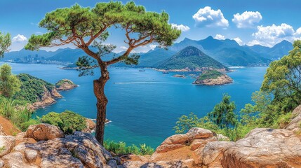 Obraz premium Panoramic View of a Tranquil Bay with a Pine Tree in the Foreground
