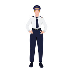 Young woman pilot in flying uniform. Flat Vector Character illustration