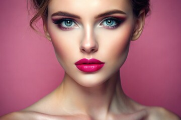 Fototapeta premium A woman with a pink face and blue eyes