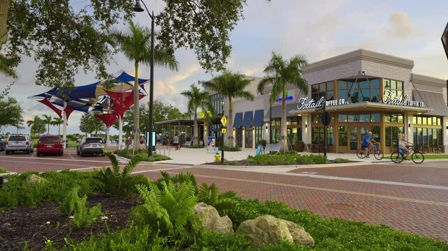 Florida architecture in city center. Wellen Park downtown district in North Port, Sarasota county. Small town America main street in walkable city center