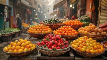 Obraz premium Vibrant Fruit Display at a bustling Indian Market