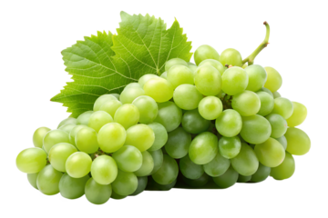 Bunch of green grapes with leaves isolated on transparent background