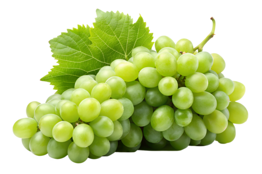 Bunch of green grapes with leaves isolated on transparent background