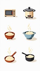 Cooking Rice Icons Set Japanese Chinese Cuisine Food Boiling Microwave Slow Cooker Frying Pot Pan Linear Flat Collection White Background