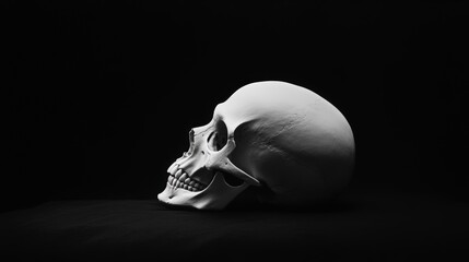 Naklejka premium A detailed side view of a human skull against a black background, showcasing anatomy and artistic design in monochrome.