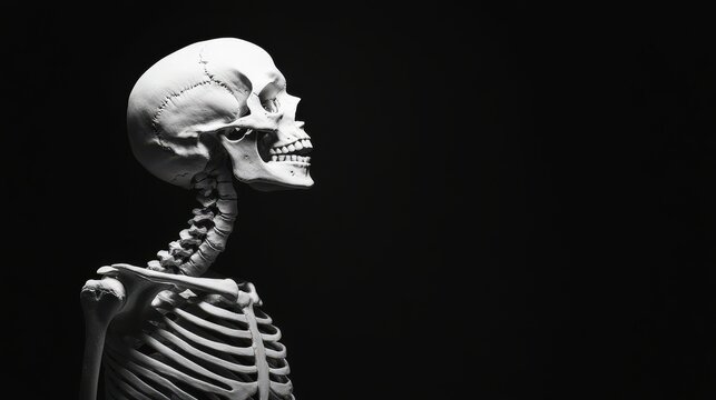 A detailed side profile of a human skeleton against a dark background, highlighting the anatomical structure and artistry.