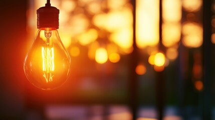 A glowing light bulb hangs against a sunset backdrop, capturing the essence of warmth and creativity in a serene atmosphere.