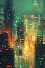 Fototapeta premium Futuristic metropolis with softedged architecture, glowing buildings with blurred lights and digital smog creating a serene, impressionistic feel