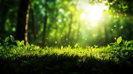 Fototapeta premium A serene forest scene with sunlight filtering through lush greenery, creating a tranquil and rejuvenating atmosphere.
