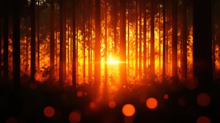 A serene forest scene showcasing the warm glow of sunset through tall trees, creating a magical atmosphere.