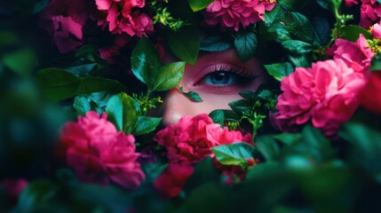 A serene portrait featuring a person partially hidden amongst vibrant pink flowers and lush green leaves, evoking a sense of nature and beauty.