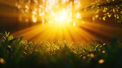 Naklejka premium A serene scene showcasing golden sunlight filtering through trees onto green grass, creating a peaceful and warm atmosphere.