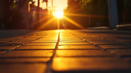 A serene sunset view with golden rays illuminating a paved path, creating a tranquil atmosphere perfect for relaxation.