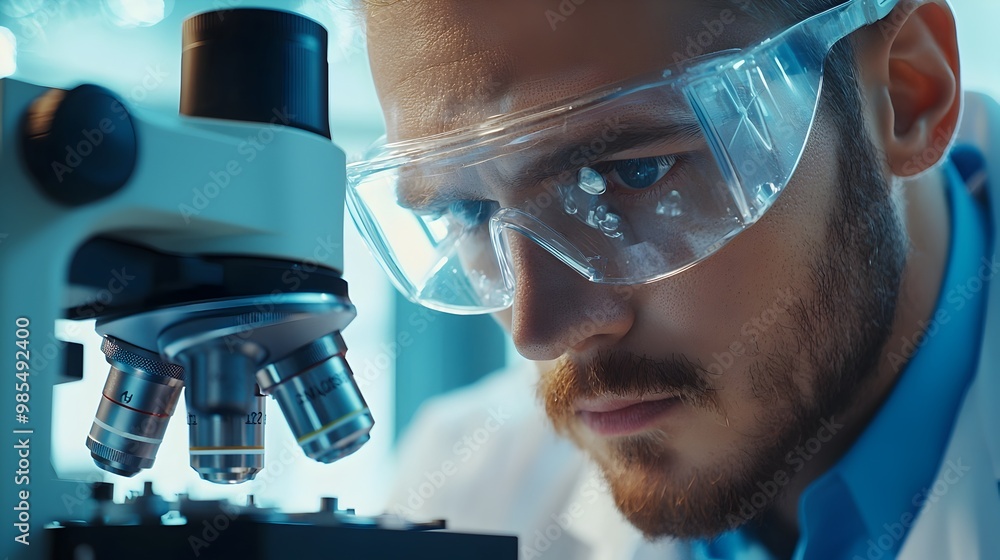 Aufkleber technician analyzing product samples with microscope for precision control