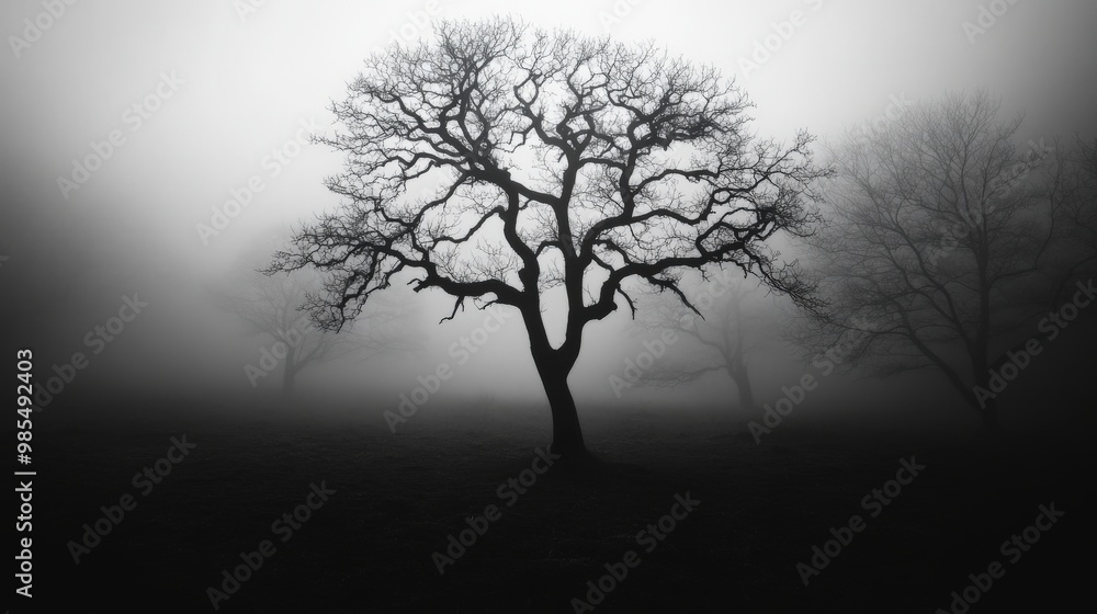 Sticker A solitary tree stands tall in a foggy landscape, creating a haunting and serene atmosphere in black and white.