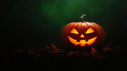 Fototapeta premium A spooky Halloween pumpkin with a glowing face, set against a dark green background, perfect for autumn-themed decorations.