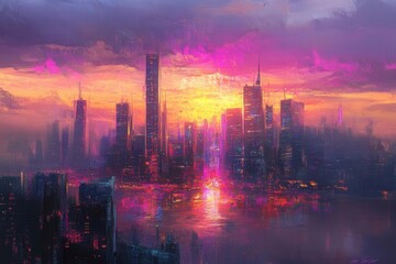 Fototapeta premium A futuristic skyline at sunset, shimmering with radiant colors, soft brushstrokes of light playing off sleek chrome structures, evoking a modern impressionist canvas