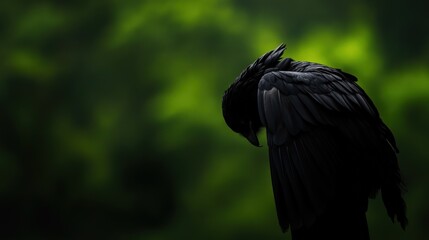 A striking silhouette of a black bird perched in lush greenery, evoking a sense of mystery and nature's beauty.