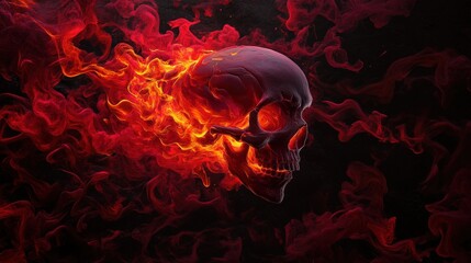 Fototapeta premium A striking skull surrounded by swirling red flames, creating a dramatic and intense visual effect against a dark background.