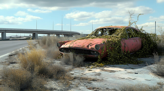 A derelict, unusable car covered in vines and rust near an empty highway