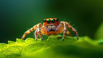 Naklejka premium A vibrant close-up of a jumping spider perched on a green leaf, showcasing its striking colors and intricate eye patterns.