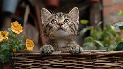 Curious Kitten Looking Up From Wicker Basket
