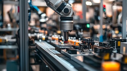 Naklejka premium Robotic Arm Inspecting Product on Automated Factory Conveyor Belt for Advanced Manufacturing