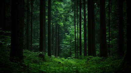 Obraz premium Serene forest path lined with tall trees, showcasing lush greenery and a peaceful atmosphere perfect for nature lovers.