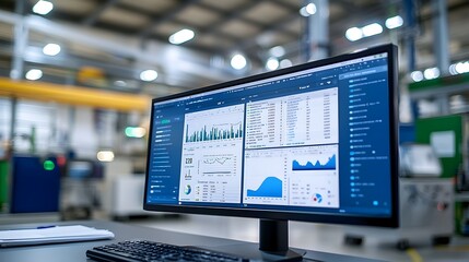 Real-Time Digital Dashboard Showcasing Control Metrics in a Futuristic Factory Setting