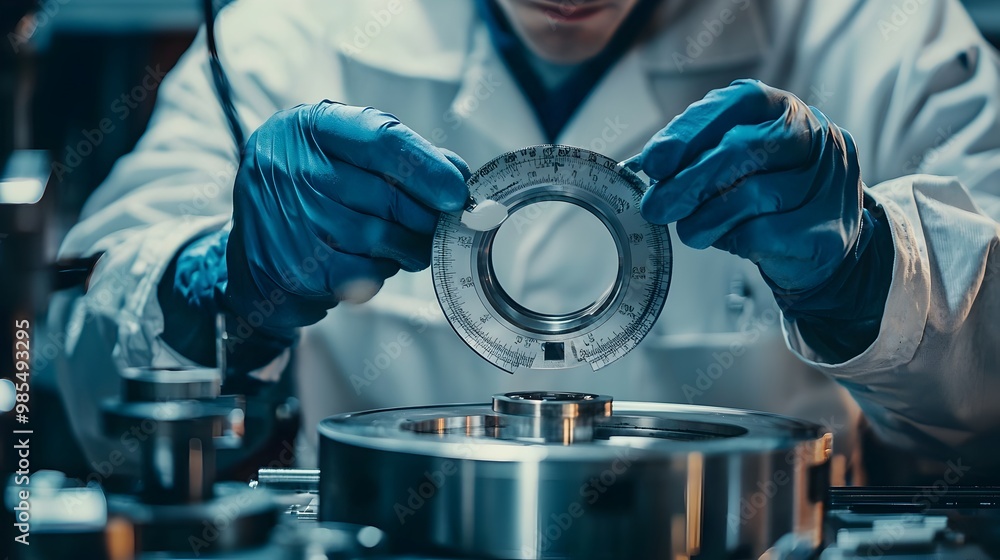 Poster engineer inspecting mechanical part with precision calipers for manufacturing