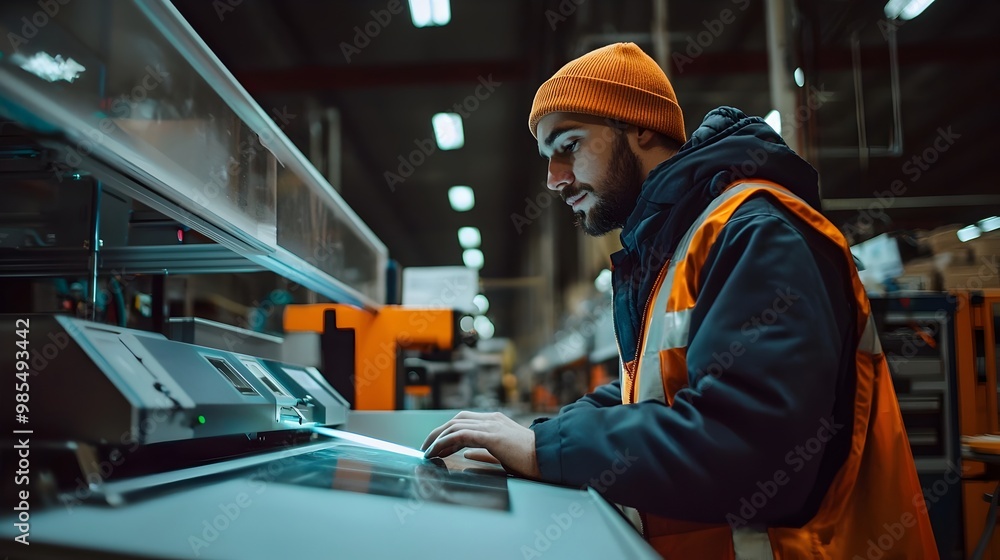 Aufkleber worker using laser scanner to inspect product dimensions for control