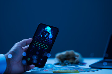 Digital security, featuring smartphone with masked hacker figure on lock screen, surrounded by cash...