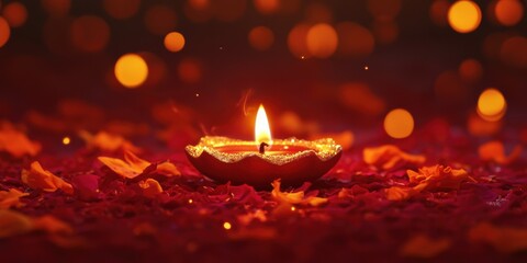 A single diya surrounded by vibrant marigold petals, with glitters and sparkles in air, on a smooth deep red surface, low level angle, copy space, happy Diwali background, traditional, Indian festival