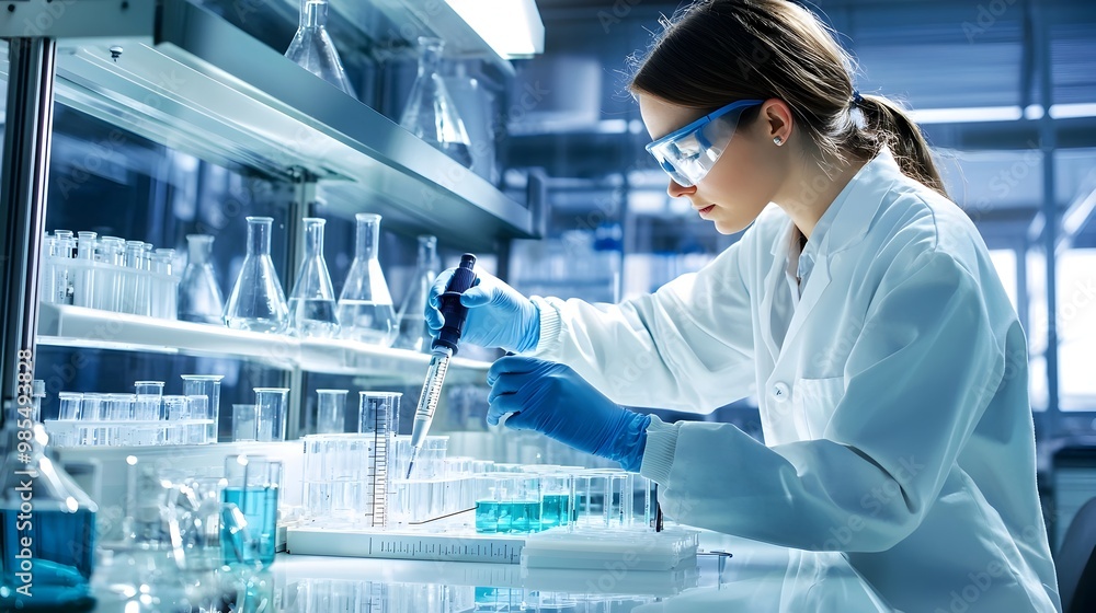 Poster technician conducting chemical analysis for product validation in laboratory setting