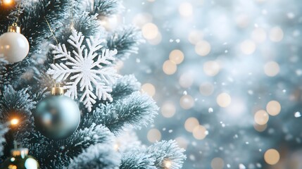 A beautifully decorated Christmas tree with green and white baubles, snowflake ornaments, and twinkling fairy lights. The frosted branches add a wintery touch.