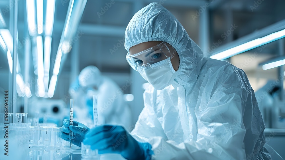 Poster worker conducting final control checks in sterile lab cleanroom environment