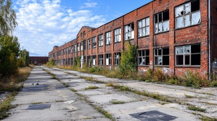 Obraz premium An empty industrial area with abandoned warehouses, broken windows, and overgrown weeds, illustrating the consequences of economic failure