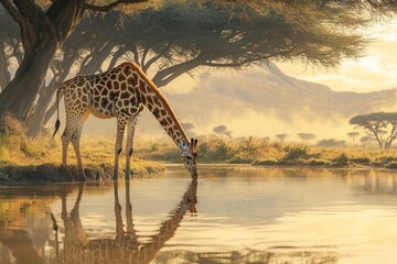 A giraffe drinks from a waterhole