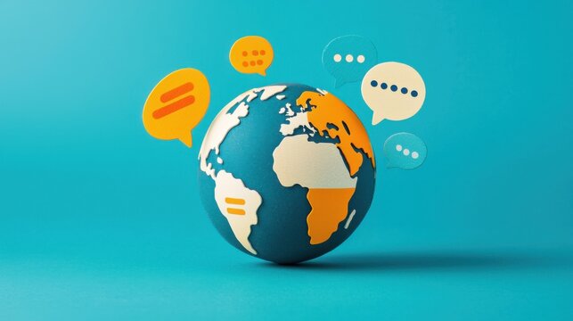 3D globe with different speech bubbles around it representing global language diversity