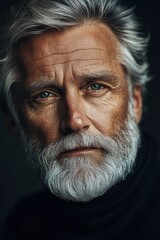 Fototapeta premium Close-Up Portrait of a Mature Man with Grey Hair and Beard, Expressive Eyes, and Strong Features