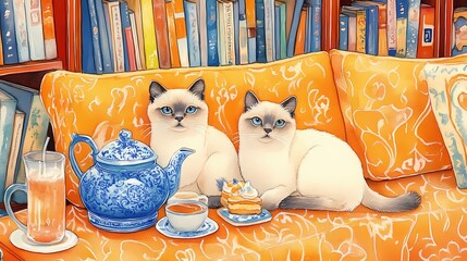 A watercolor of two Siamese cats on an orange-yellow patterned sofa, with a blue Chinese teapot, cakes, lemonade, and a colorful bookshelf in the background.