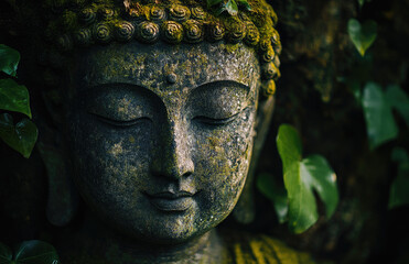 A serene Buddha statue in the forest, covered with moss and surrounded by ancient trees. The image...