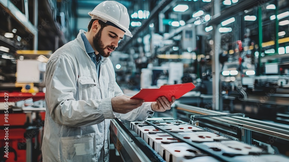 Poster control inspector marking rejected products on assembly line