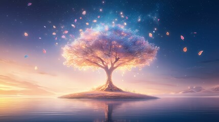 A glowing tree with multicolored leaves floating in a starry sky, symbolizing the limitless imagination