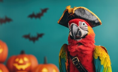 A colorful parrot dressed as a pirate, surrounded by spooky pumpkins and bats, perfect for Halloween-themed decorations.